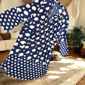 New Ice Silk Tunic Dress Women 3XL Navy Blue Abstract Print‎ Henley Pintuck NWT